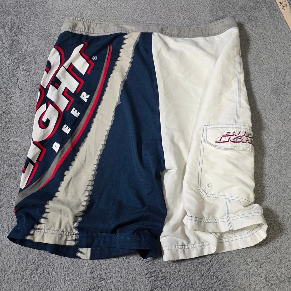 Bud Light Mens 38 Board Shorts Navy White Graphic Beer Logo Cargo Swim Trunks
